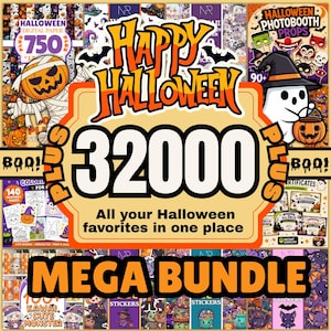 May include: A digital Halloween mega bundle featuring the text Happy Halloween, 32000 plus, and All your Halloween favorites in one place. The graphic includes illustrations of a mummy, a ghost with a pumpkin, and various festive patterns.