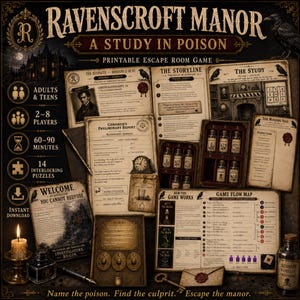 Op de afbeelding: Ravenscroft Manor: A Study in Poison printbare escape room game set met spelonderdelen zoals een verhaallijn, verdachten-dossiers, een lijkschouwingsrapport, een spelkaart, een uitnodiging, puzzelkaarten en kleine glazen flesjes.