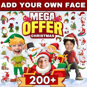 May include: A festive Christmas-themed graphic with the text "ADD YOUR OWN FACE" at the top. The central design features the words "MEGA OFFER CHRISTMAS" in yellow and red. The image includes various Christmas character cutouts and the number "200+".