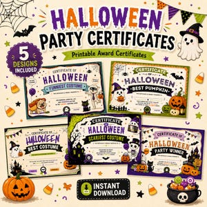 May include: A set of five printable Halloween party certificates featuring festive illustrations of ghosts, pumpkins, bats, and skeletons. The designs include text such as Halloween Party Certificates, Funniest Costume, Best Pumpkin, Best Costume, Scariest Costume, and Halloween Party Winner, with an instant download label.