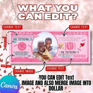 May include: A pink, custom design featuring a US $100 bill with a photo of a couple in the center. The design includes text that reads "WHAT YOU CAN EDIT?" and "YOU CAN EDIT Text IMAGE AND ALSO MERGE IMAGE INTO DOLLAR."