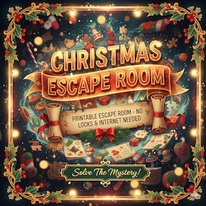 以下が含まれることがあります： クリスマスの脱出ゲームの、お祝いのデジタルイラスト。デザインは「Christmas Escape Room」というテキストのバナーと、「Printable Escape Room - No Locks & Internet Needed」と書かれた巻物です。画像はヒイラギとライトで縁取られています。