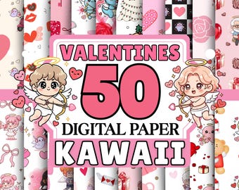Kawaii Valentine Digital Paper – 50 Cupid Patterns (12x12, JPG/PNG, Digital Download