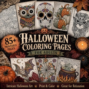 Könnte beinhalten: Eine Sammlung von über 85 druckbaren Halloween-Malvorlagen für Erwachsene mit detaillierten Illustrationen einer Eule, eines Totenkopfes, Kürbissen, einer Katze, einer Fledermaus, einem Spinnennetz und einem Kessel.