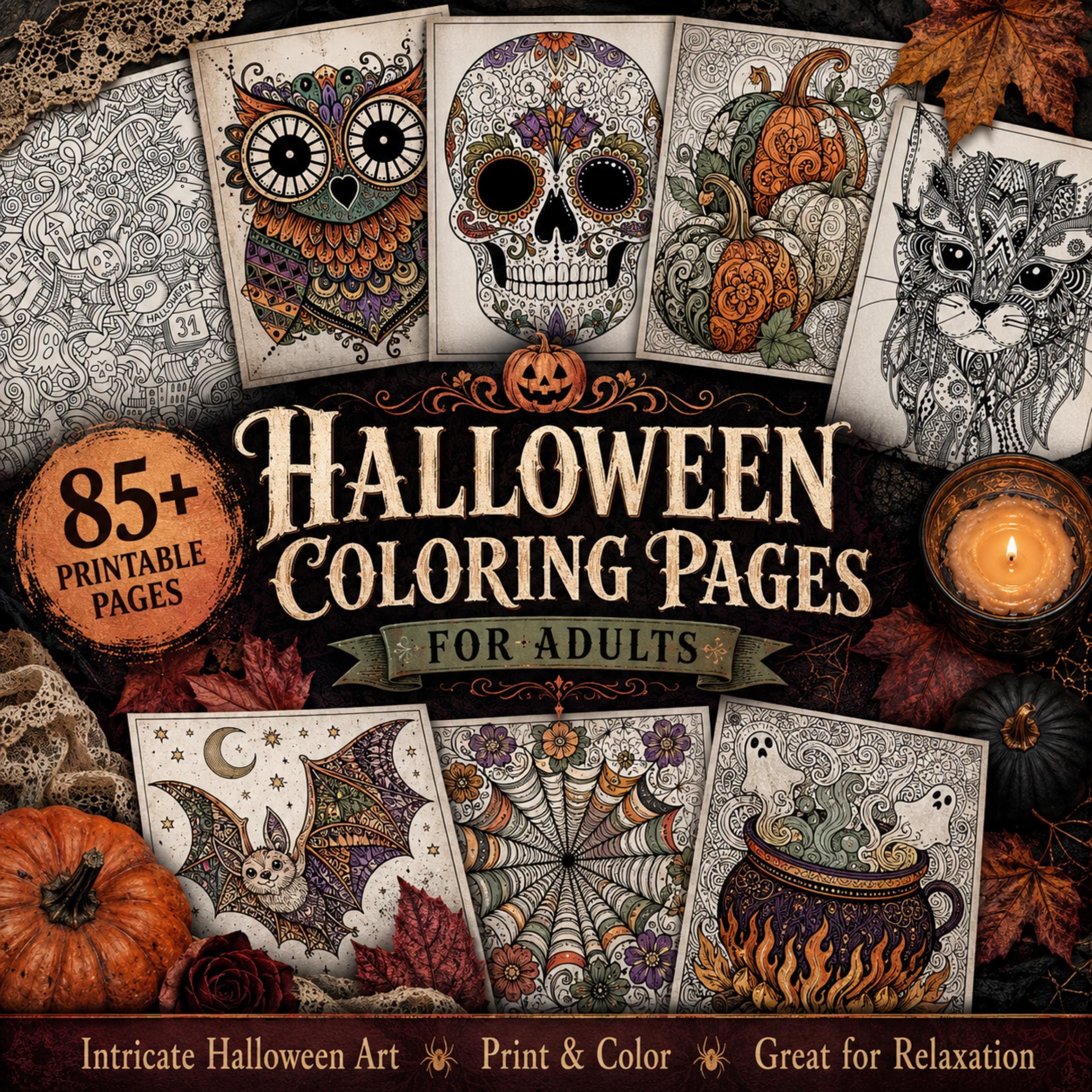 Printable Halloween Coloring Pages, 85+ Intricate Adult Designs with Skulls, Owls and Pumpkins