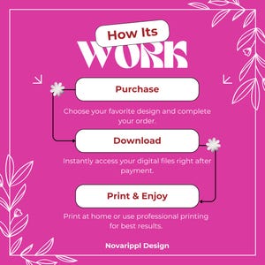 May include: A pink graphic with white text and floral accents. The text reads "How Its WORK" and outlines the steps: Purchase, Download, and Print & Enjoy. The bottom of the graphic says "Novarippl Design".