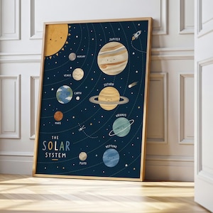 Arte de parede do Sistema Solar para quarto infantil - Pôster espacial para quarto de crianças, impressão educativa de planetas, decoração espacial para quarto de bebê, presente de astronomia