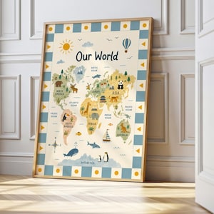 Världskarta för barn - Pedagogisk väggkonst för barnrum - Vintage illustrerad karta - Djurgeografiposter - Lekrumsdekor - Barnpresent