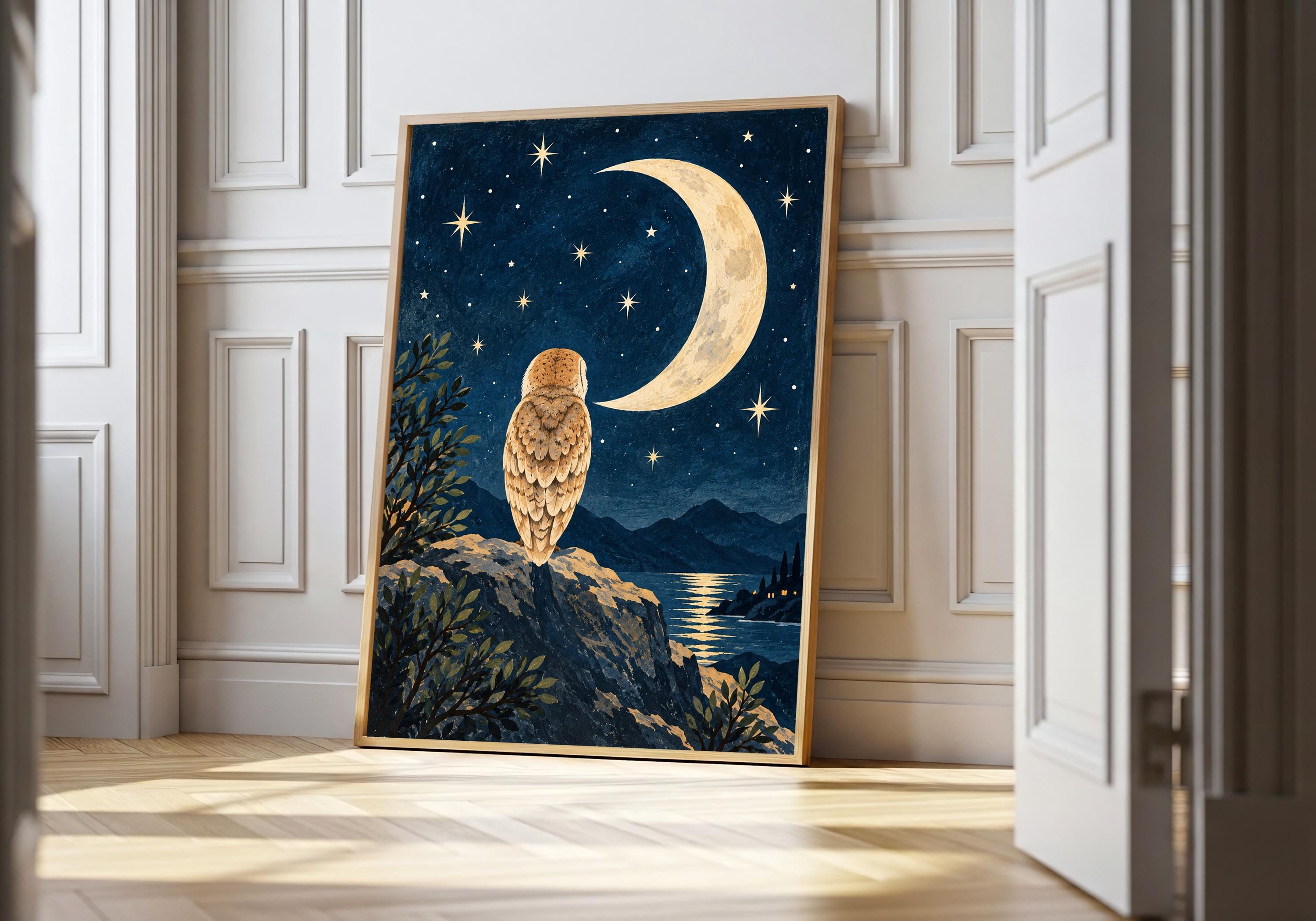 Owl beneath the Golden Crescent Print | Owl Art Print | Painterly Wall Art | Colourful Wall Art