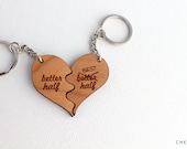 Wood Keychain Set, Better Half Best Half Wooden Keychains, Laser Cut Wooden Funny Better Half Best Half Couples Keychain Set