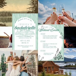 Camp I Do vrijgezellenfeest uitnodiging en route – rustieke campingthema bewerkbare digitale download, Glamping Bach-feestsjabloon