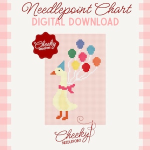 May include: A digital needlepoint chart featuring a pixelated yellow goose wearing a blue party hat and a pink scarf, holding a cluster of colourful balloons. The text reads Needlepoint Chart DIGITAL DOWNLOAD and Cheeky NEEDLEPOINT.
