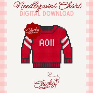 May include: A digital needlepoint chart featuring a red jumper with dark grey trim and cuffs. The jumper has two white stripes on each sleeve and the letters AOII in white on the chest. The text Needlepoint Chart, Digital Download, and Cheeky Needlepoint appear on the page.