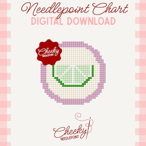 May include: A digital needlepoint chart featuring a pixelated lime slice graphic. The design includes a light green lime wedge on a white background with a light purple border. Text reads Needlepoint Chart DIGITAL DOWNLOAD and Cheeky Needlepoint.