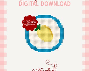 May include: A digital needlepoint chart featuring a pixelated yellow lemon with a green leaf inside a blue circular border. The text reads Needlepoint Chart DIGITAL DOWNLOAD and includes a red badge and logo with the text Cheeky Needlepoint.