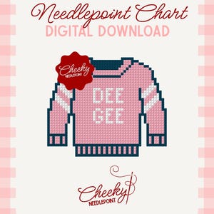 May include: A digital needlepoint chart download featuring a pixelated pink sweater with dark blue trim and white sleeve stripes. The sweater displays the text DEE GEE in white. A red scalloped badge and a logo both read Cheeky Needlepoint.