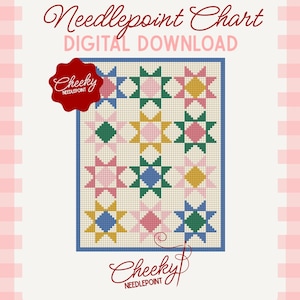 Peut inclure: Un modèle de canevas numérique présentant une grille de douze étoiles multicolores en rose, jaune, vert et bleu sur un fond crème. Le texte indique Needlepoint Chart DIGITAL DOWNLOAD et Cheeky NEEDLEPOINT en écriture rouge.