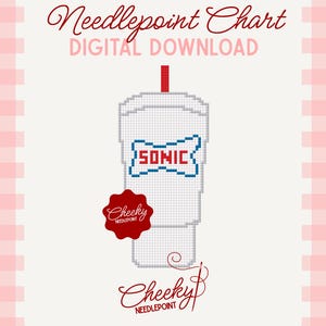 Puede incluir: Patrón de punto de cruz digital con un diseño pixelado de un vaso de bebida Sonic. La taza es blanca con un logotipo azul y rojo. También se muestra el texto "Needlepoint Chart DIGITAL DOWNLOAD" y "Cheeky Needlepoint".
