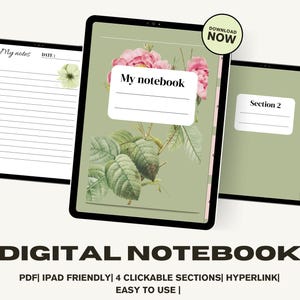 Peut inclure: Carnet numérique avec un design floral. La couverture présente des fleurs roses et des feuilles vertes. Le carnet comprend des sections intitulées "My notes" et "Section 2". Le texte "DIGITAL NOTEBOOK" est affiché en bas.
