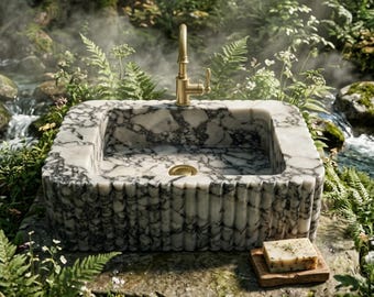 Lavabo de mármol Calacatta Viola, hecho a mano.