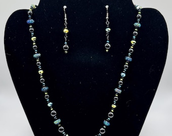 Green, Blue & Black beaded necklace 2 piece jewelry set: Necklace and Earrings