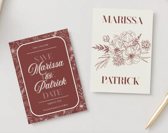 Elegant Floral Save the Date Template | Burgundy Wedding Invitation | Editable Canva Design
