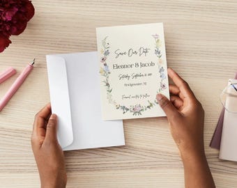 May include: A cream-colored wedding invitation with floral accents and the text "Save Our Date Eleanor & Jacob Saturday, September 12, 2020 Bridgewater, NJ Formal invitation to follow." A white envelope is held open next to the invitation.