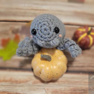 May include: A handmade crochet octopus in grey, sitting on a small, speckled orange pumpkin. The octopus has large black eyes and small tentacles. A second pumpkin is in the background. The theme is autumn and fall.