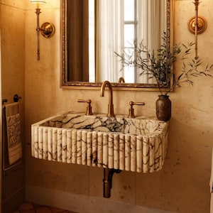 Custom Calacatta Viola Marble Sink: Grooved Wall-Mounted Washbasin