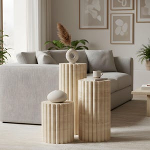 Grooved Travertine Side Table, Natural Stone Pedestal Stand