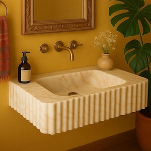 Calacatta Gold Marble Bathroom Sink: Grooved Wall-Mounted Basin