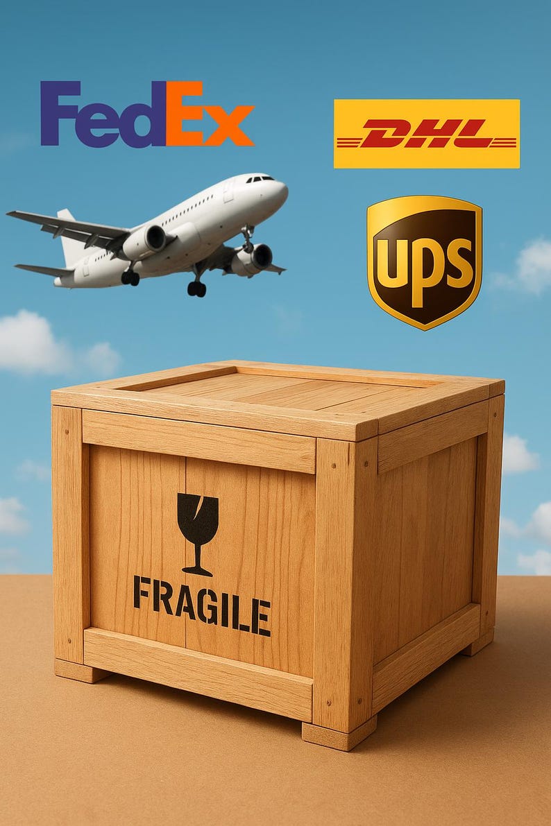 May include: A wooden crate with the word "FRAGILE" printed on the front, a graphic of a broken wine glass, and the logos of FedEx, DHL, and UPS. A white airplane flies in the background against a blue sky.