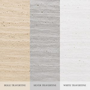May include: A vertical image showcasing three travertine stone samples in beige, silver, and white. Each sample has a unique pattern of veins and small holes. The text at the bottom identifies each color: Beige Travertine, Silver Travertine, and White Travertine.