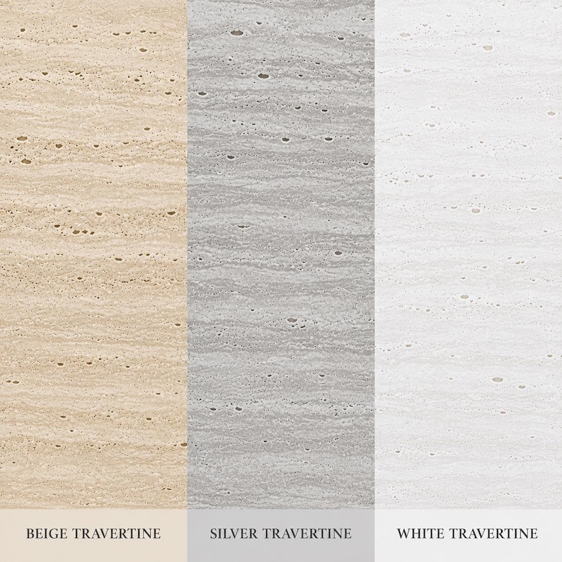 May include: A vertical image showcasing three travertine stone samples in beige, silver, and white. Each sample has a unique pattern of veins and small holes. The text at the bottom identifies each color: Beige Travertine, Silver Travertine, and White Travertine.