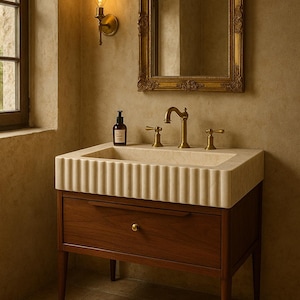 Grooved Travertine Sink for Bathroom, Elegant Natural Stone Sink, Farmhouse Style Marble Washing-Stand, Craft Product Gothic Marble Sink