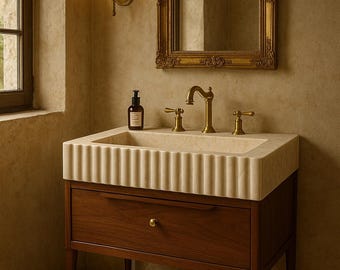 Natural Stone Farmhouse Style, Grooved Italian-Style Travertine SinkHand-Carved Travertine Bathroom Sink, Vessel Sink, Marble Sink Basin,