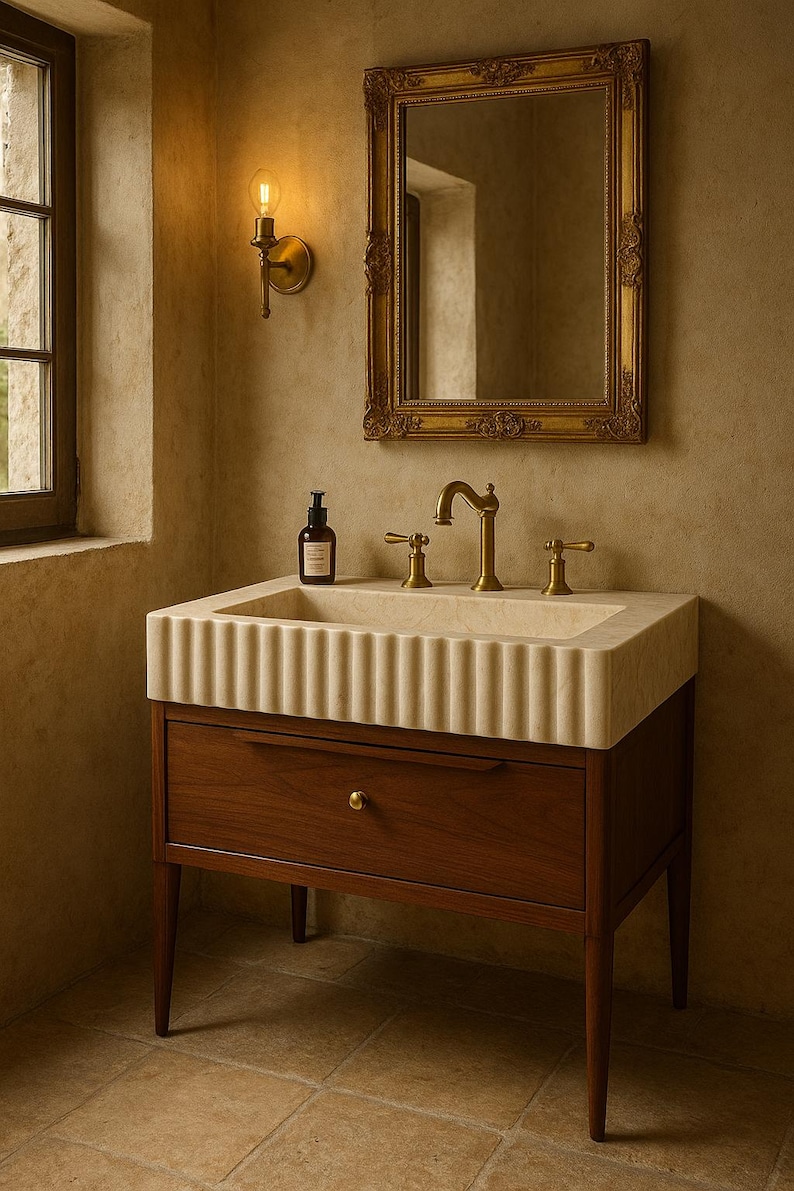 May include: A bathroom vanity with a light-colored, fluted sink basin and a dark wood cabinet. The vanity has a gold faucet and hardware, and is set against a neutral-toned wall. A gold-framed mirror hangs above the sink.