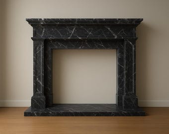 Nero Marquina marmor spismantel, bondgårdsmarmor för spis, handskuren marmoromramning, specialdesignad marmor spismantel.