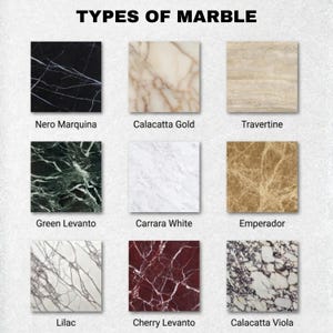 May include: Image showcasing nine different types of marble, each in a square tile format. The varieties include Nero Marquina, Calacatta Gold, Travertine, Green Levanto, Carrara White, Emperador, Lilac, Cherry Levanto, and Calacatta Viola. The text "TYPES OF MARBLE" is at the top.