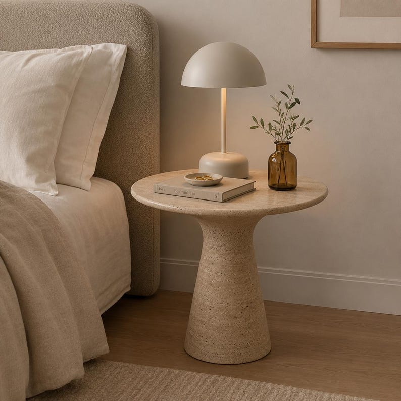 May include: A beige, mushroom-shaped table lamp with a matching base sits on a round, beige stone side table. A small amber glass vase with greenery and a book are also on the table. The table is next to a bed with a beige headboard and white bedding.