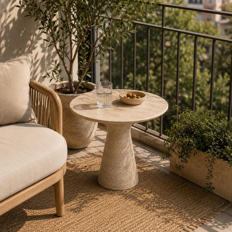 May include: A small, round beige stone table with a pedestal base. A glass of water and a small bowl of olives sit on top. The table is on a woven jute rug, next to a beige chair and potted plants.