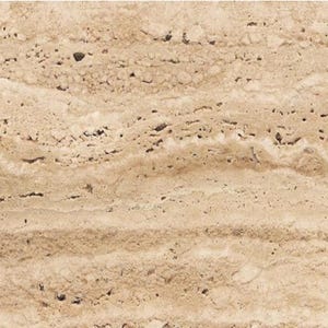 May include: Close-up of a beige travertine stone surface. The stone has a natural, porous texture with horizontal bands of varying shades of tan and brown. The surface has small holes and imperfections.
