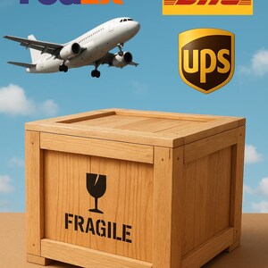 May include: A wooden crate with the word "FRAGILE" printed on the front, a plane in the sky, and the logos of FedEx, DHL, and UPS. The crate is made of light brown wood and has a black fragile symbol.