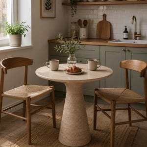 May include: A small, round dining table with a textured, light-colored base and top. Two wooden chairs with woven seats are positioned around the table. A rug, two mugs, and a croissant are on the table. A kitchen setting with a window and cabinets.