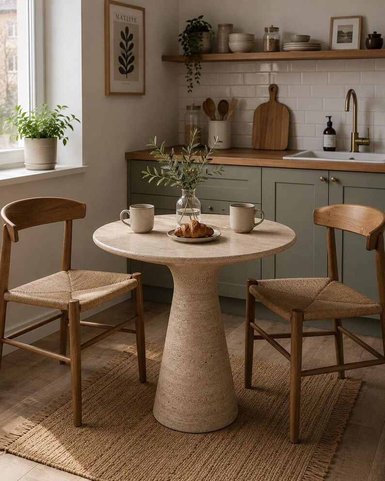 May include: A small, round dining table with a textured, light-colored base and top. Two wooden chairs with woven seats are positioned around the table. A rug, two mugs, and a croissant are on the table. A kitchen setting with a window and cabinets.
