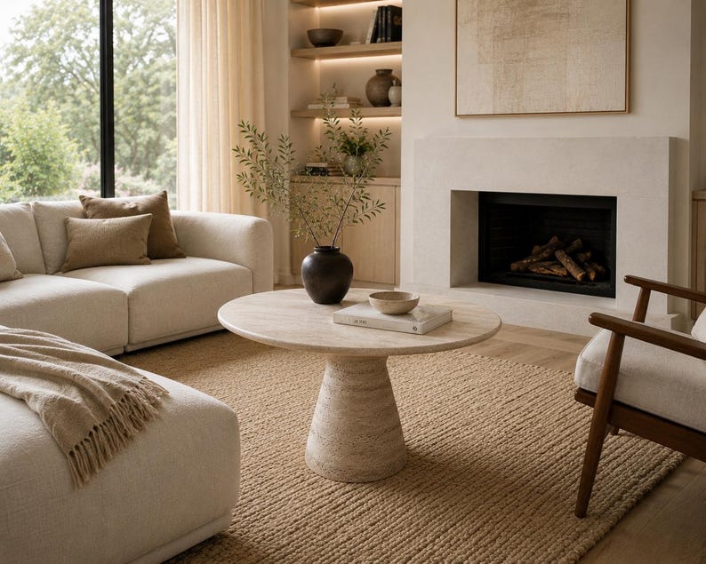 May include: A neutral-toned living room with a beige sofa, a round stone coffee table, and a woven rug. A fireplace and a wooden chair are also visible. Decorative items include a vase with branches and a bowl.