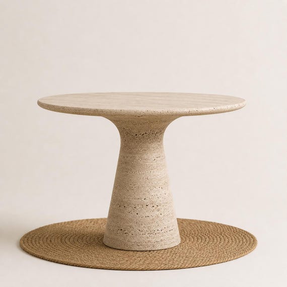Round Travertine Table, Natural Stone Coffee Table, Modern Organic Kitchen Furniture