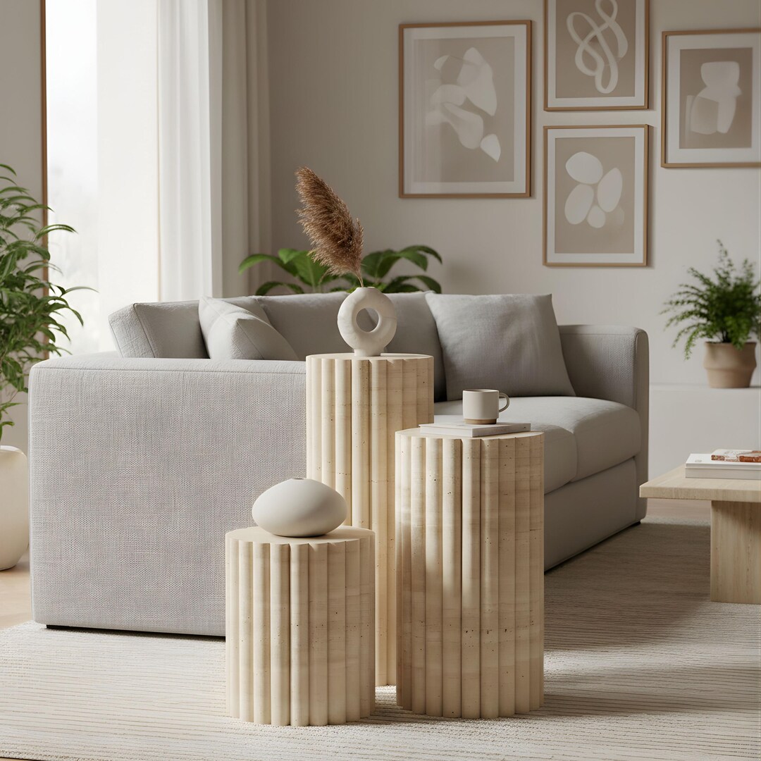 Grooved Side Grooved Travertine Side Table, Natural Stone Pedestal Stand - Etsy