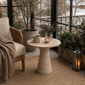 May include: A beige, round side table with a textured surface, holding a mug and a lit candle. The table is 24 inches in diameter and stands on a pedestal base. A woven rug and chair with a blanket are in the foreground.
