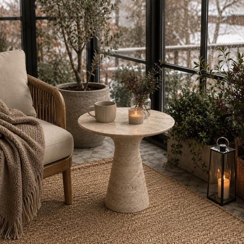 May include: A beige, round side table with a textured surface, holding a mug and a lit candle. The table is 24 inches in diameter and stands on a pedestal base. A woven rug and chair with a blanket are in the foreground.